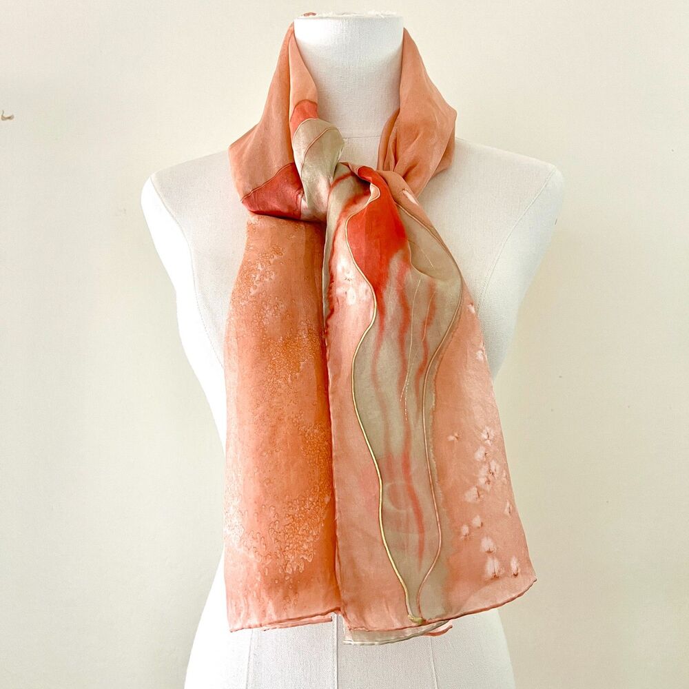 VTG Hand Painted 100% Silk Neck Scarf Peach Geological Swirl Wearable Art 52x17